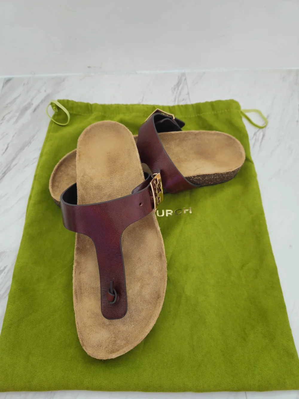 Tory Burch Brown Leather Thong Sandal with Gold Logo Accent